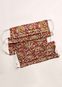 Set Of Three Cotton Face Masks In Brick Red With Beautiful Block Printed Jaal Online - Kalki Fashion