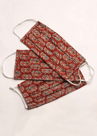 Set Of Three Cotton Face Masks In Maroon With Beautiful Block Printed Floral Buttis Online - Kalki Fashion