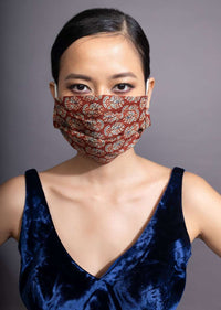 Set Of Three Cotton Face Masks In Maroon With Beautiful Block Printed Floral Buttis Online - Kalki Fashion