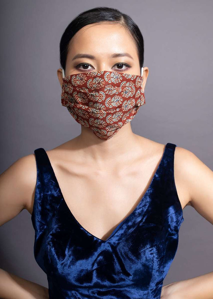 Set Of Three Cotton Face Masks In Maroon With Beautiful Block Printed Floral Buttis Online - Kalki Fashion