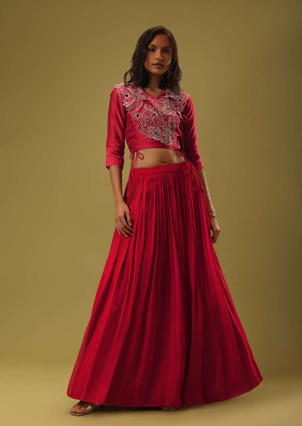 Red Georgette Skirt & Blouse Set With Rehsam Embroiderey