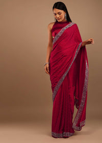 Ski Patrol Red Satin Saree With Swarovski Stone Work In A Floral Cutwork Pattern