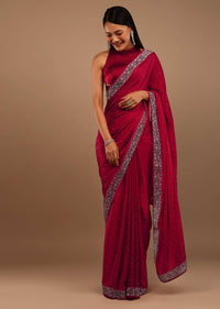 Ski Patrol Red Satin Saree With Swarovski Stone Work In A Floral Cutwork Pattern