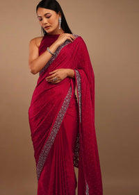 Ski Patrol Red Satin Saree With Swarovski Stone Work In A Floral Cutwork Pattern