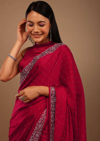 Ski Patrol Red Satin Saree With Swarovski Stone Work In A Floral Cutwork Pattern