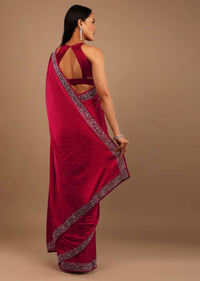 Ski Patrol Red Satin Saree With Swarovski Stone Work In A Floral Cutwork Pattern