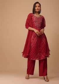 Maroon Red Gotta Embroidered Bandhani Printed Georgette Palazzo Suit With Chiffon Dupatta