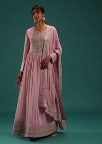 Onion Pink Embellished Anarkali Set In Georgette