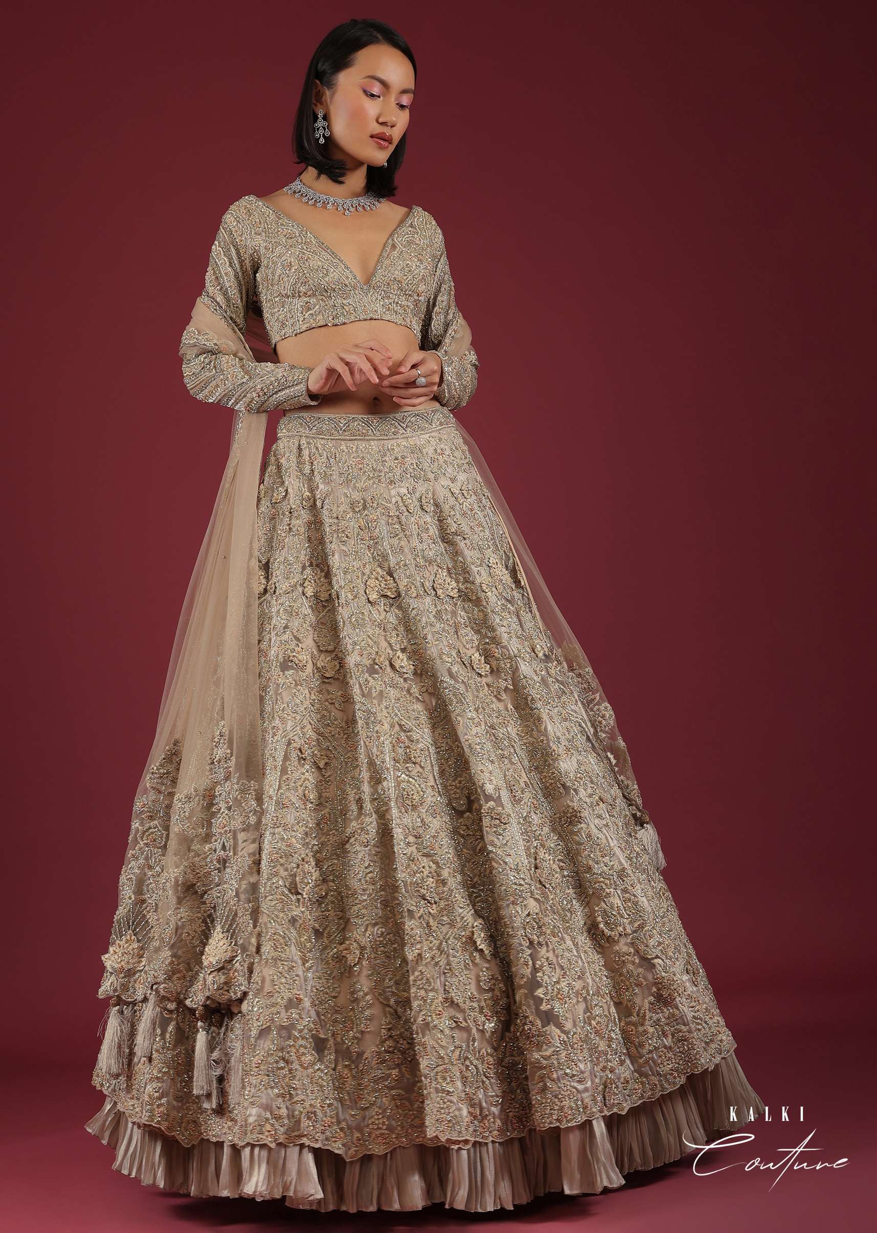 Oyster Royal Heritage Lehenga And Choli With Detailed Hand Embroidered Floral Kalis And Plunging Neckline