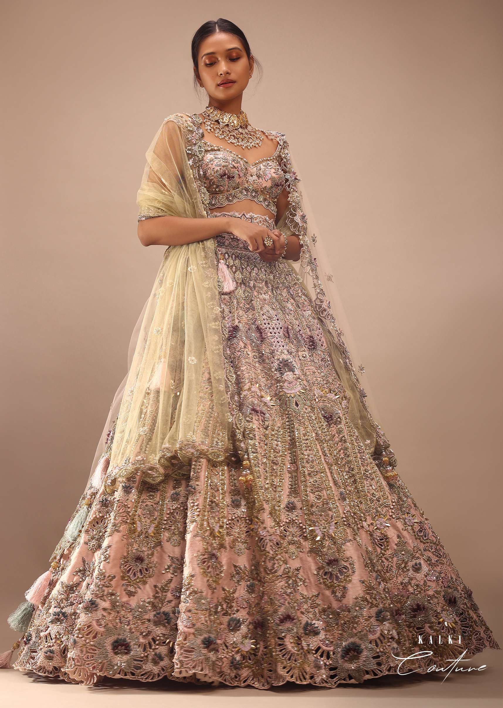 Light Pink Lehenga Choli With Multi Colored 3D Embroidered Kalis In Floral And Scallop Motifs