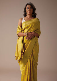 Mustard Yellow Saree In Dola Silk With Woven Floral Jaal And Moroccan Weave On Pallu