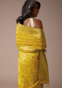 Mustard Yellow Saree In Dola Silk With Woven Floral Jaal And Moroccan Weave On Pallu