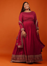 Rose Red Anarkali Suit In Georgette With Zari And Multi-Colored Resham Embroidery