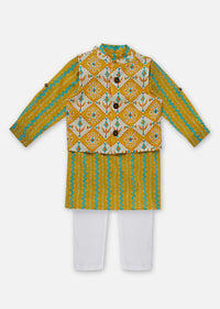 Kalki Ochre Yellow Printed Kurta Jacket Set In Cotton For Boys