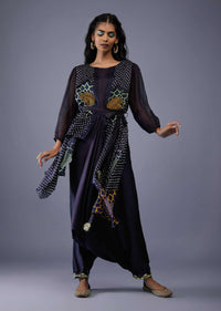 Wine Purple Gajji Silk Attached Shrug With Silk Jumpsuit