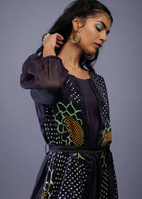 Wine Purple Gajji Silk Attached Shrug With Silk Jumpsuit