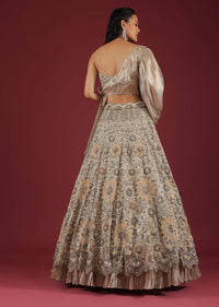 Oyster Lehenga And A Crop Top With One Sided Balloon Sleeves Tie Up Top And Cut Dana Motifs Embroidery