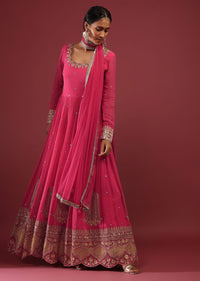 Rani Pink Anarkali Suit In Georgette With Multicolored Resham And Zari Embroidered Mughal Design