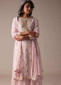 Baby Pink Straight Palazzo Suit Set In Banarasi Georgette With Brocade Work