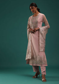 Pastel Pink Organza Kurti Set With Sequins And Zardosi Work