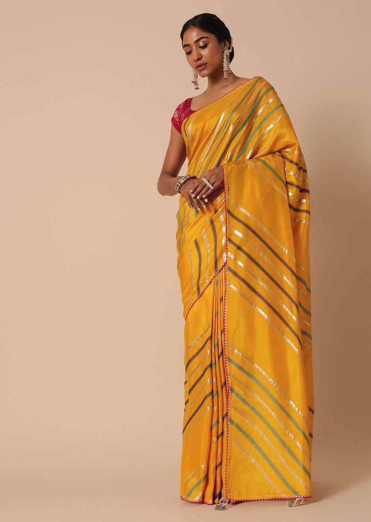 Yellow Saree In Dola Silk With Striped Pattern Lurex Zari And Contrast Unstitched Blouse Piece