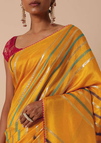 Yellow Saree In Dola Silk With Striped Pattern Lurex Zari And Contrast Unstitched Blouse Piece