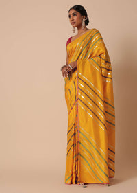 Yellow Saree In Dola Silk With Striped Pattern Lurex Zari And Contrast Unstitched Blouse Piece