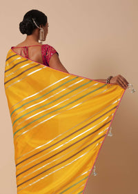 Yellow Saree In Dola Silk With Striped Pattern Lurex Zari And Contrast Unstitched Blouse Piece