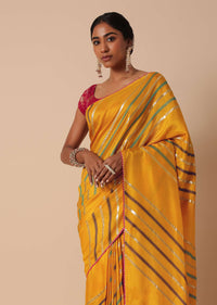 Yellow Saree In Dola Silk With Striped Pattern Lurex Zari And Contrast Unstitched Blouse Piece