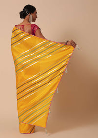 Yellow Saree In Dola Silk With Striped Pattern Lurex Zari And Contrast Unstitched Blouse Piece