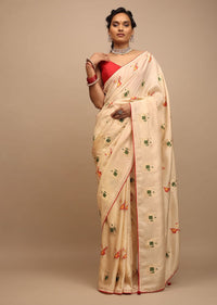 Off White Saree In Dola Silk With Woven Patola Buttis And Red Unstitched Blouse