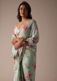 Mint Blue Saree In Muslin With Floral Print And Embroidery In Gotta Patti Work