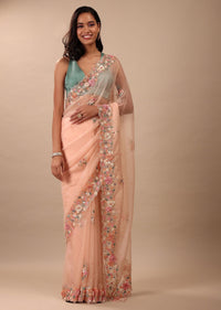 Peach Pink Saree In Organza With 3D Floral Embroidery In Cut Dana
