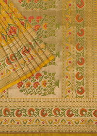 Honey Yellow Banarasi Patola Saree In Katan Silk And Ikat Weave With Unstitched Blouse