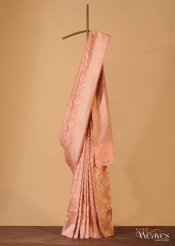 Light Peach Pink Handloom Banarasi Saree In Uppada Silk With Meenakari Weave And Unstitched Blouse