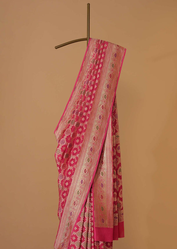 Hot Pink Handloom Saree In Khaadi Georgette With Unstitched Blouse