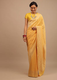 Marigold Yellow Saree With Woven Leaf Jaal Work