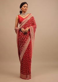 Cherry Red Saree In Georgette With Jaal Work In Golden Zari