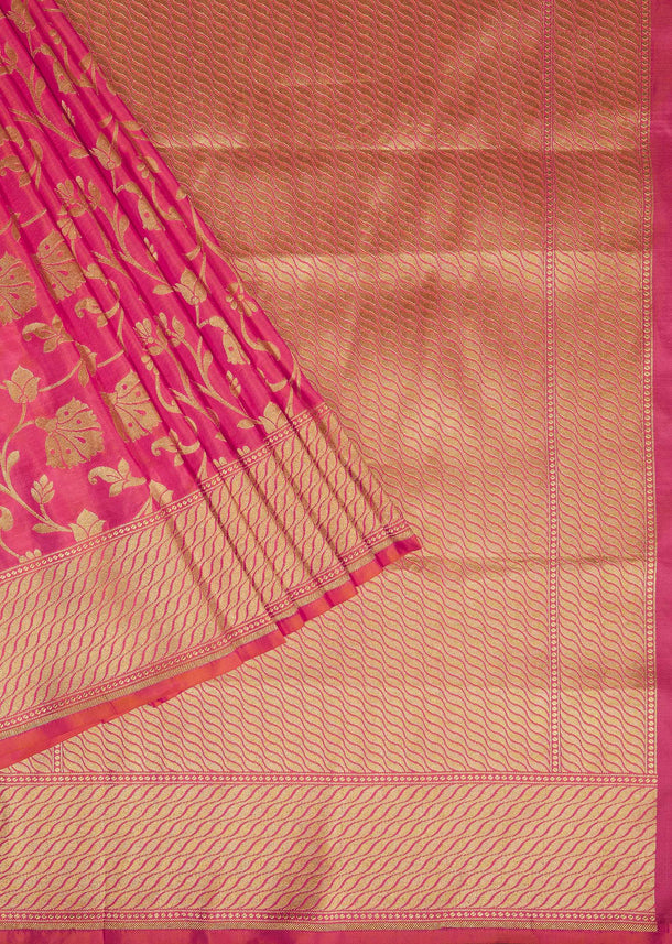 Fuschia Pink Handloom Saree In Uppada Silk With Single Zari Work And Unstitched Blouse