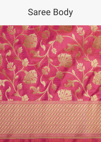 Fuschia Pink Handloom Saree In Uppada Silk With Single Zari Work And Unstitched Blouse