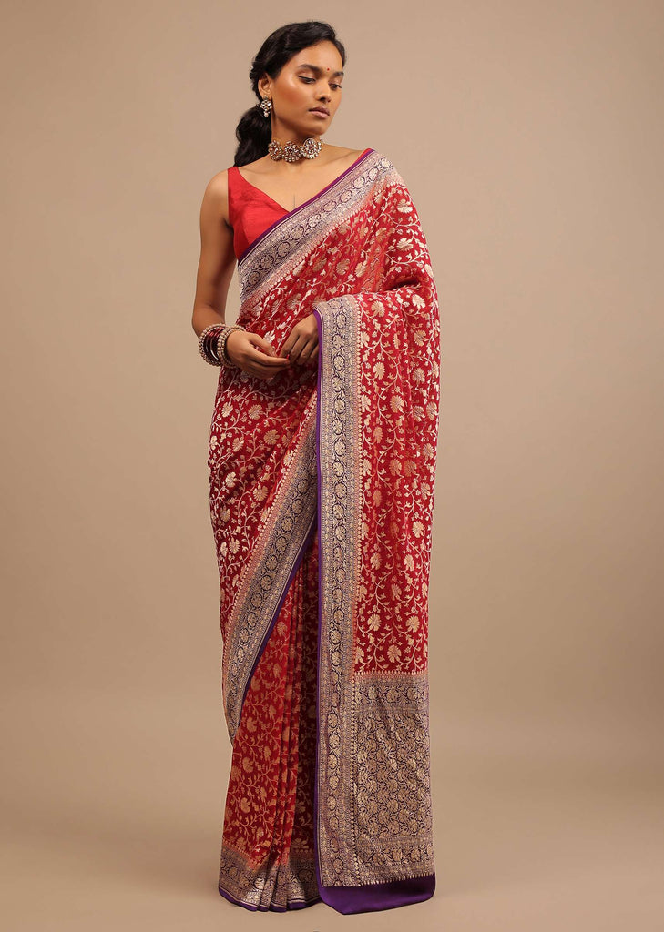 Carmine Red Saree In Georgette With Wine Border And Woven Floral Jaal Work