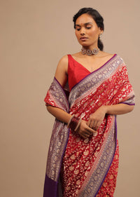 Carmine Red Saree In Georgette With Wine Border And Woven Floral Jaal Work