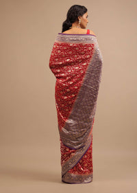 Carmine Red Saree In Georgette With Wine Border And Woven Floral Jaal Work