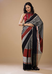 Satin Stripe Print Saree In Black Silver And Maroon Red