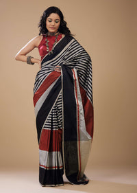 Satin Stripe Print Saree In Black Silver And Maroon Red