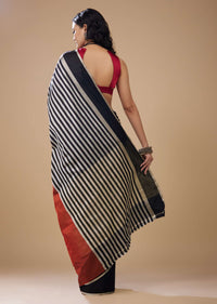 Satin Stripe Print Saree In Black Silver And Maroon Red