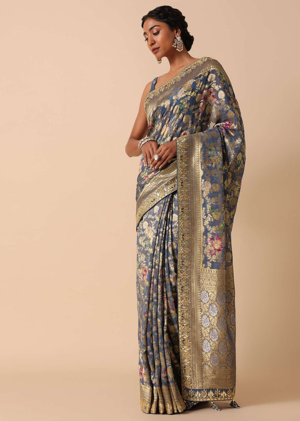 Grey Georgette Khaddi Saree With Banarasi Weave