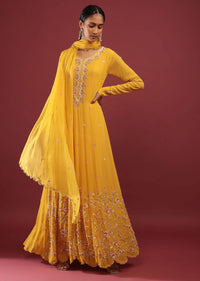 Amber Yellow Anarkali Suit In Georgette With Multicolored Sequin Embroidered Floral Design