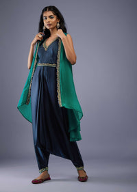 Navy Blue Silk Embroidered Dhoti Jumpsuit With Emerald Green Organza Shrug