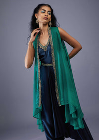 Navy Blue Silk Embroidered Dhoti Jumpsuit With Emerald Green Organza Shrug